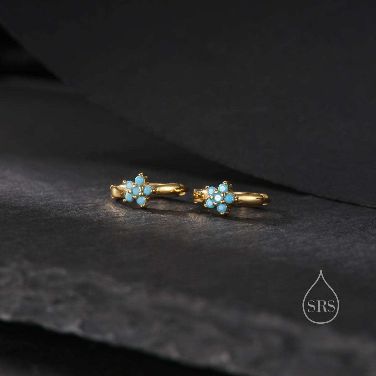 Turquoise CZ Flower Huggie Hoop in Sterling Silver, Silver or Gold, Delicate Flower CZ Hoops, Tiny Flower Hoops, Tiny CZ Hoops