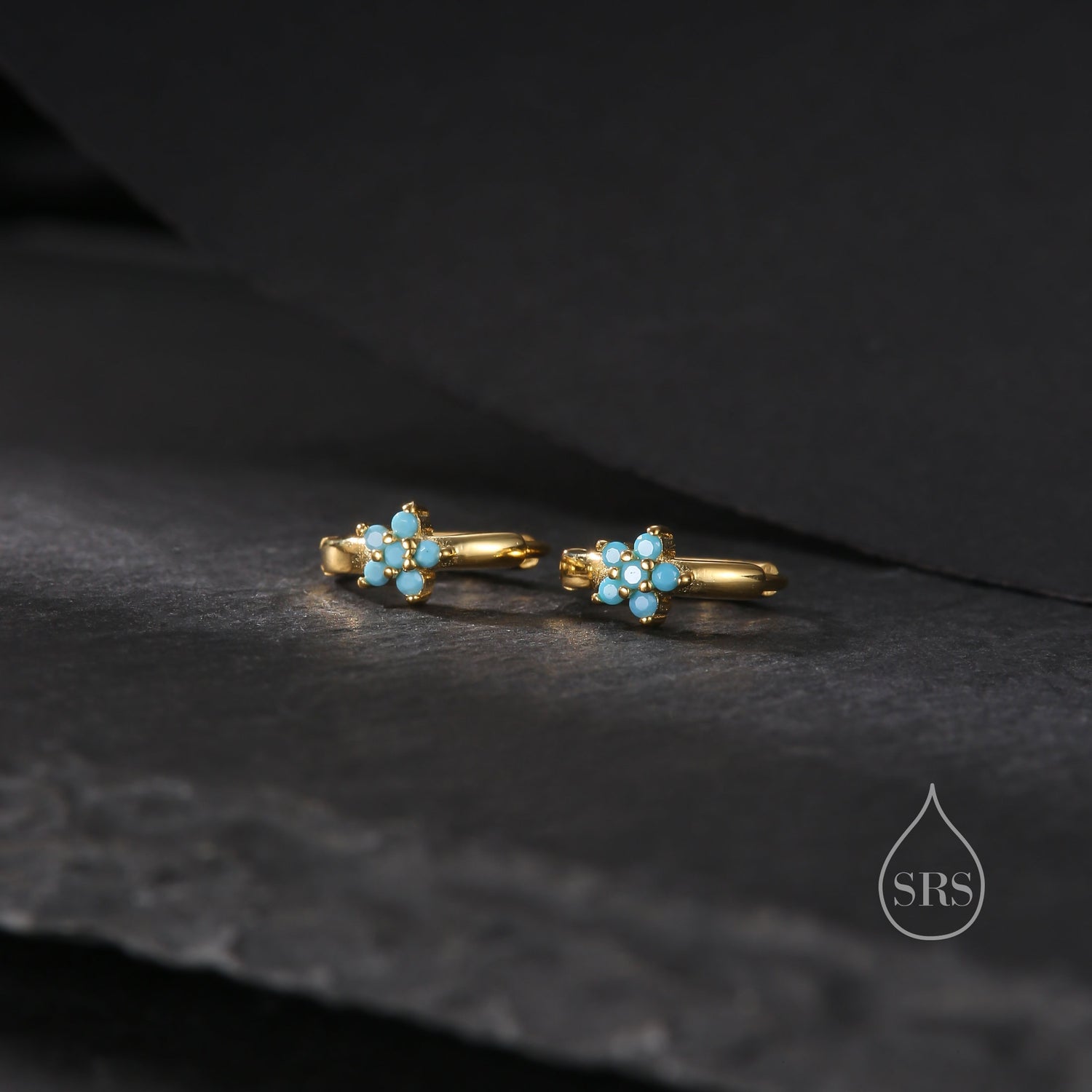 Turquoise CZ Flower Huggie Hoop in Sterling Silver, Silver or Gold, Delicate Flower CZ Hoops, Tiny Flower Hoops, Tiny CZ Hoops