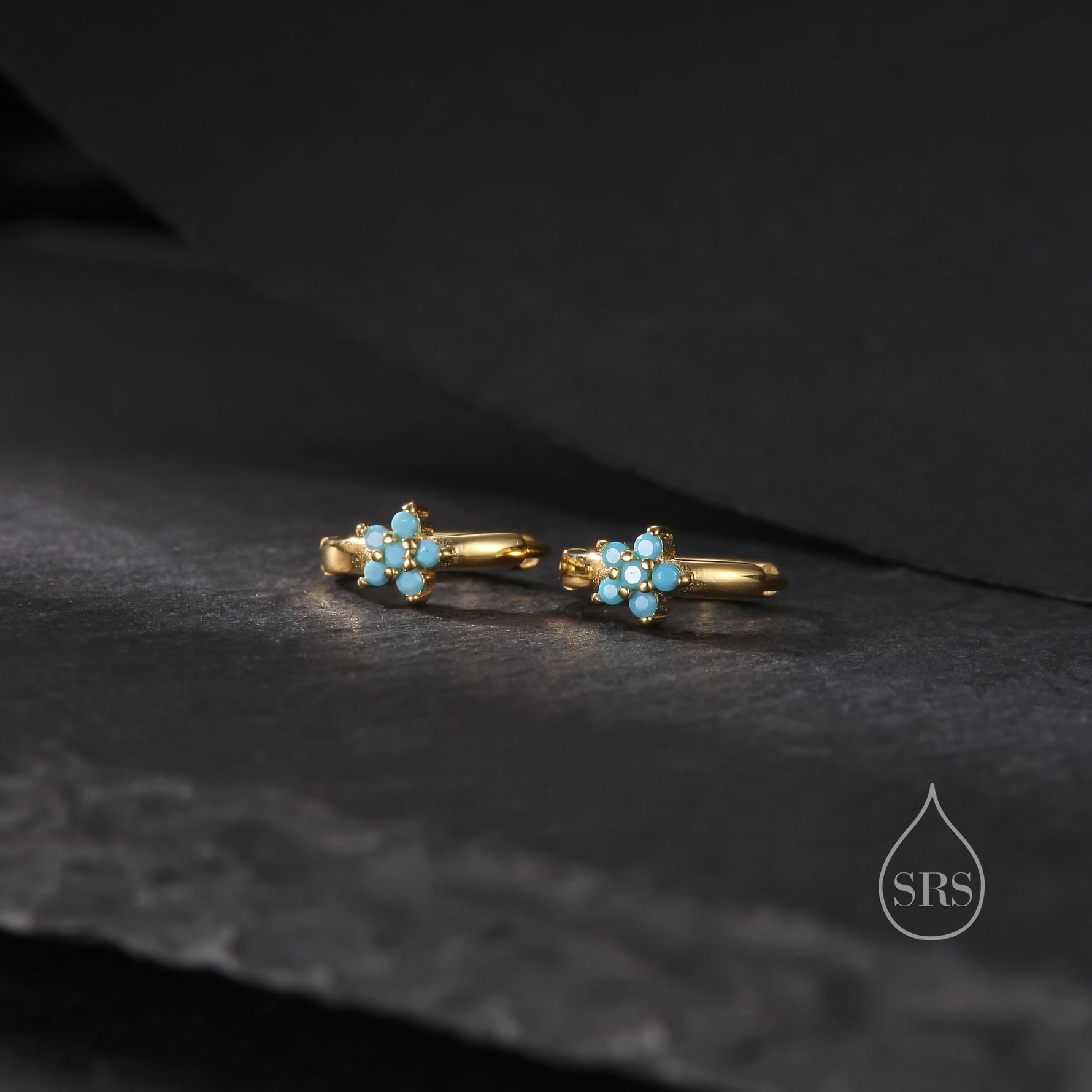 Turquoise CZ Flower Huggie Hoop in Sterling Silver, Silver or Gold, Delicate Flower CZ Hoops, Tiny Flower Hoops, Tiny CZ Hoops