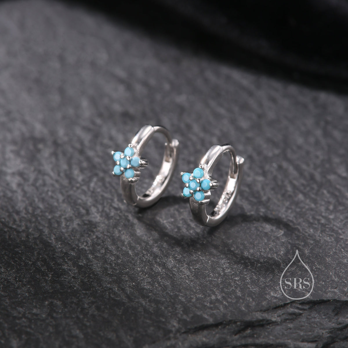 Turquoise CZ Flower Huggie Hoop in Sterling Silver, Silver or Gold, Delicate Flower CZ Hoops, Tiny Flower Hoops, Tiny CZ Hoops