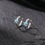 Turquoise CZ Flower Huggie Hoop in Sterling Silver, Silver or Gold, Delicate Flower CZ Hoops, Tiny Flower Hoops, Tiny CZ Hoops