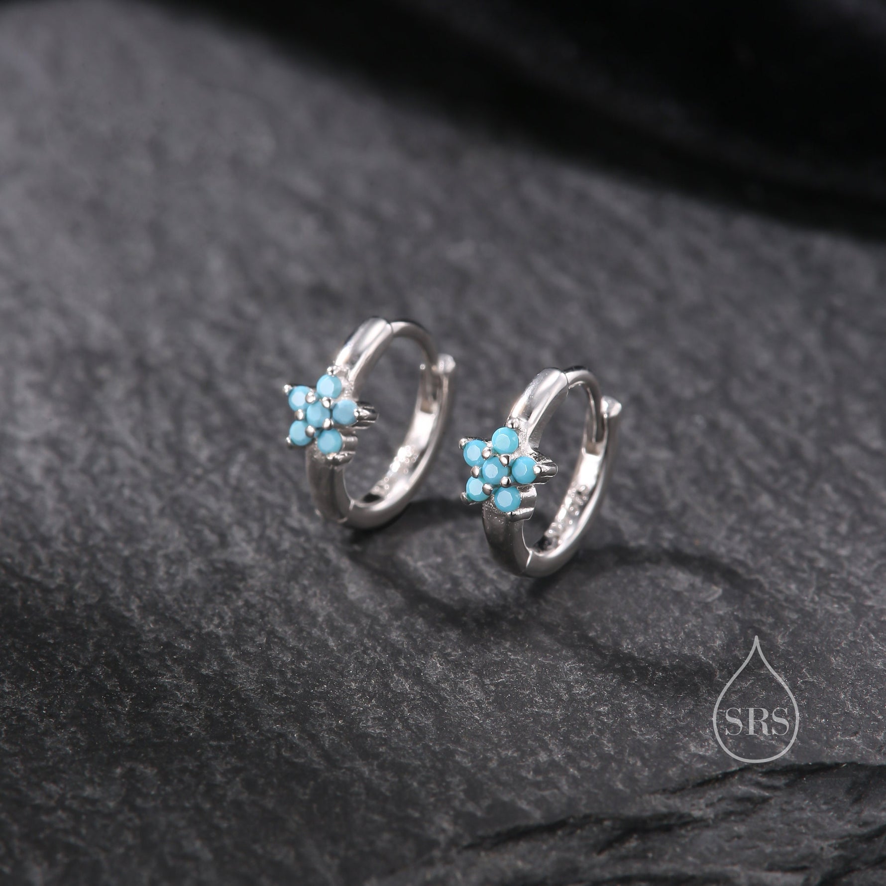 Turquoise CZ Flower Huggie Hoop in Sterling Silver, Silver or Gold, Delicate Flower CZ Hoops, Tiny Flower Hoops, Tiny CZ Hoops