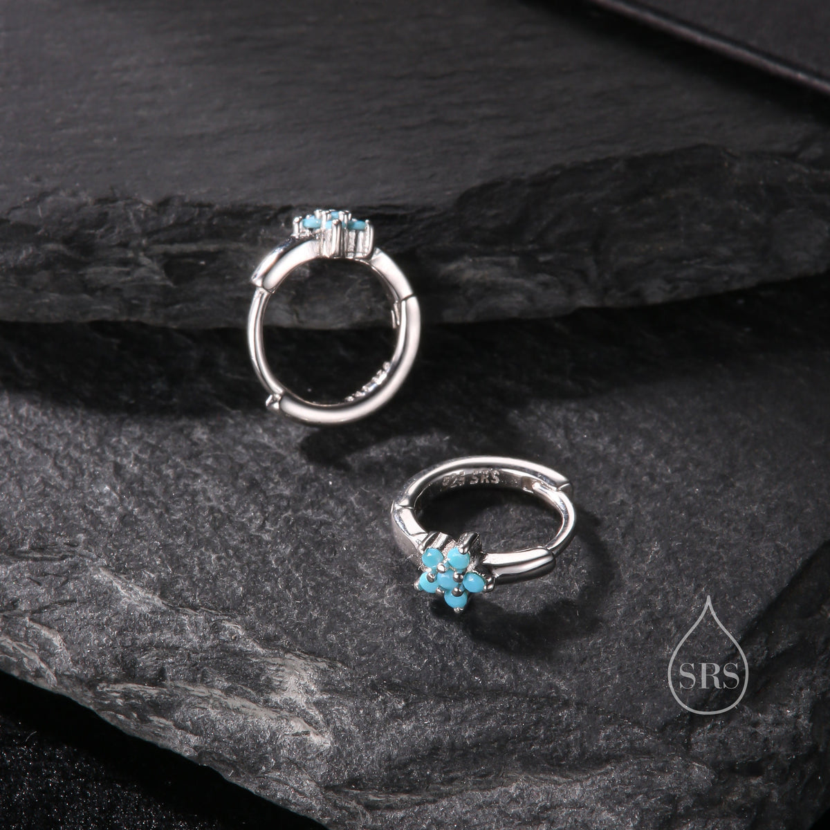 Turquoise CZ Flower Huggie Hoop in Sterling Silver, Silver or Gold, Delicate Flower CZ Hoops, Tiny Flower Hoops, Tiny CZ Hoops