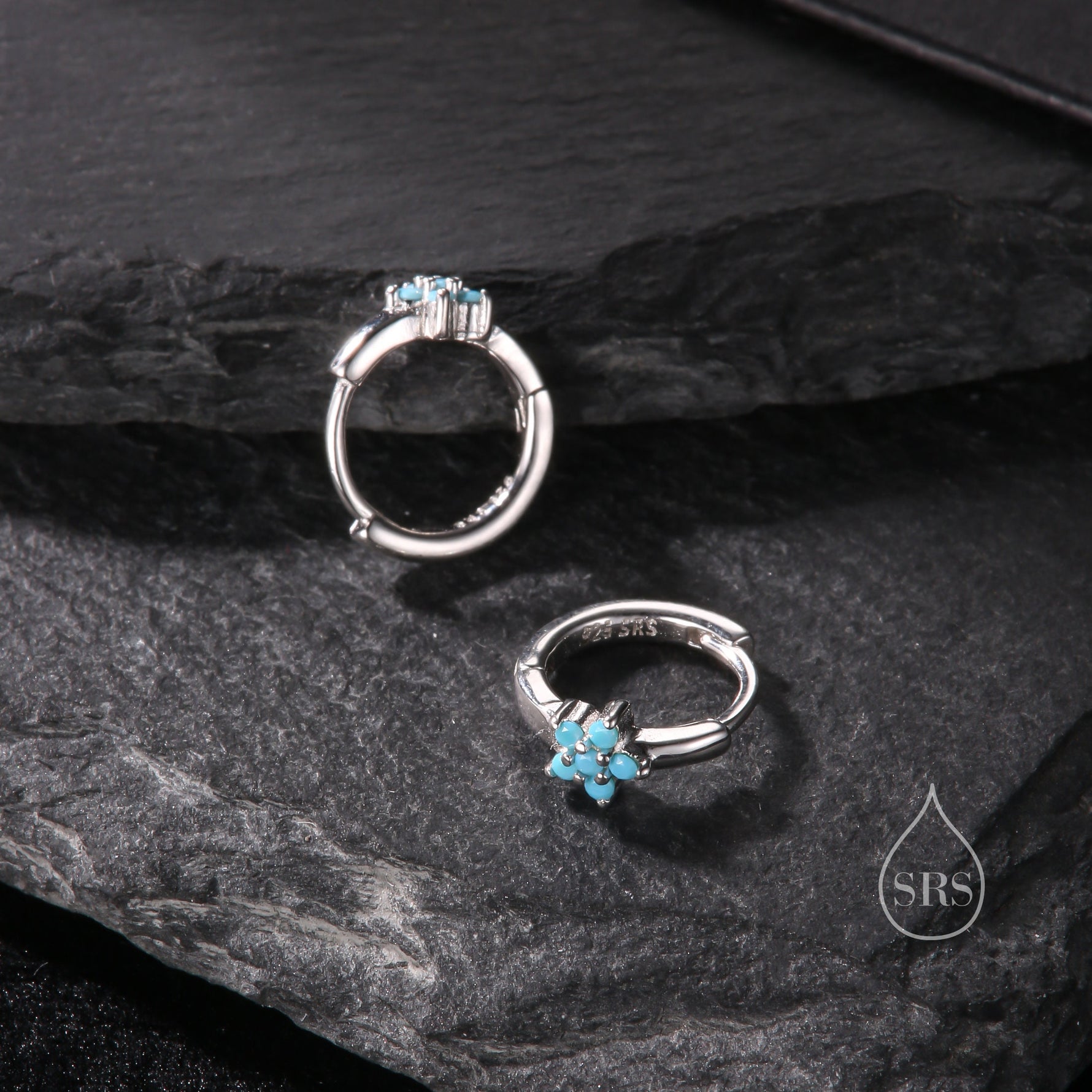 Turquoise CZ Flower Huggie Hoop in Sterling Silver, Silver or Gold, Delicate Flower CZ Hoops, Tiny Flower Hoops, Tiny CZ Hoops