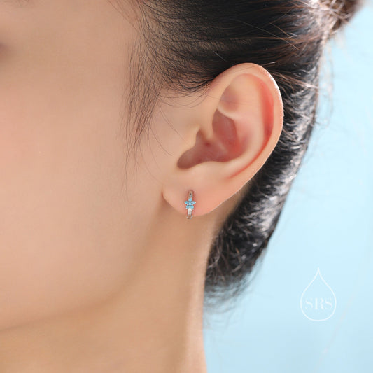 Turquoise CZ Flower Huggie Hoop in Sterling Silver, Silver or Gold,  Delicate Flower CZ Hoops, Tiny Flower Hoops, Tiny CZ Hoops