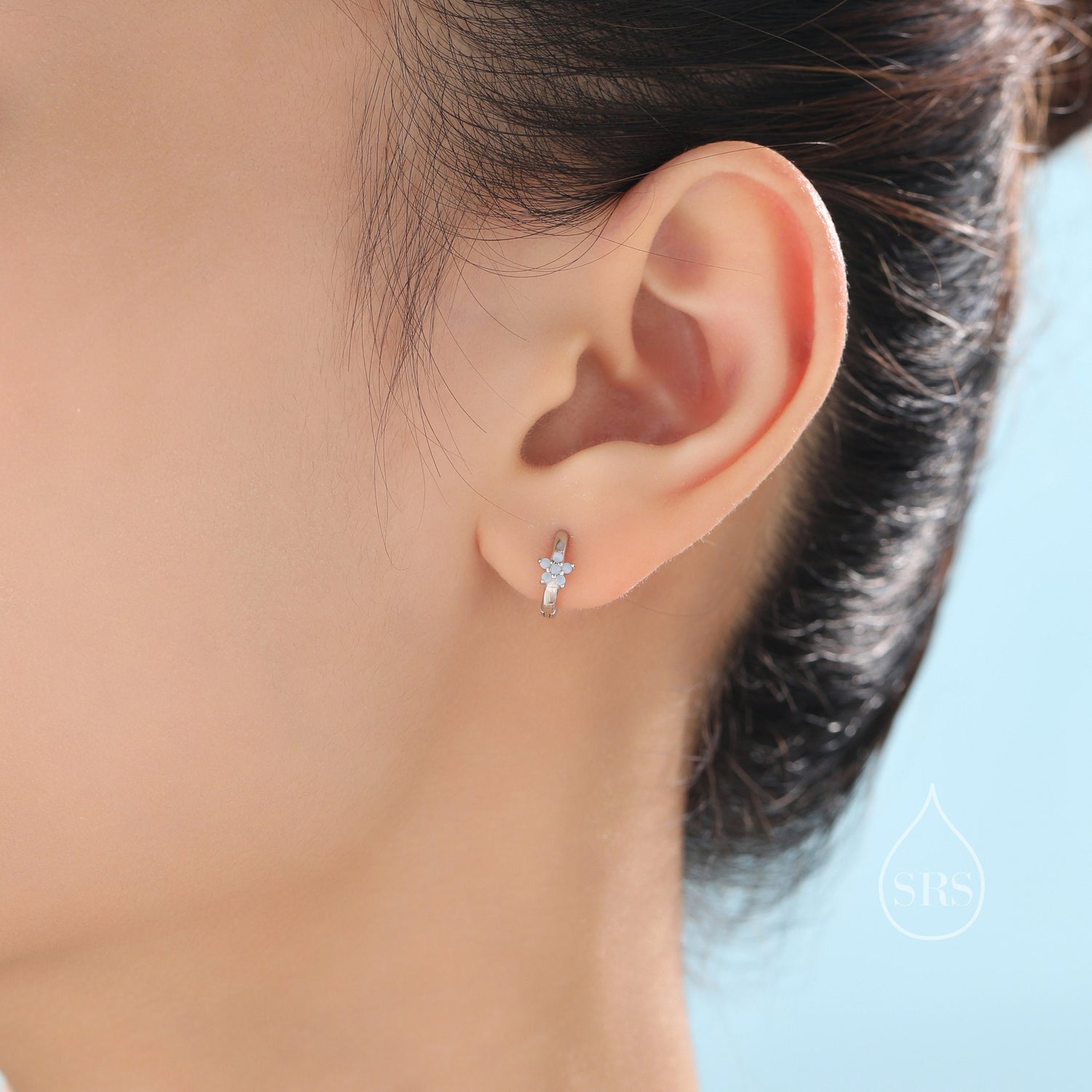 Opal Blue CZ Flower Huggie Hoop in Sterling Silver, Silver or Gold,  Delicate Flower CZ Hoops, Tiny Flower Hoops, Tiny CZ Hoops