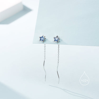 Aquamarine Blue Star Bezel CZ Crystal Threader Earrings in Sterling Silver, Silver or Gold, Minimalist Star Cut Ear Threaders