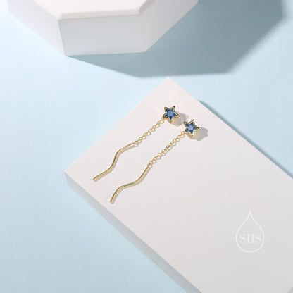 Aquamarine Blue Star Bezel CZ Crystal Threader Earrings in Sterling Silver, Silver or Gold, Minimalist Star Cut Ear Threaders