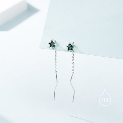 Emerald Green Star Bezel CZ Crystal Threader Earrings in Sterling Silver, Silver or Gold, Minimalist Star Cut Ear Threaders