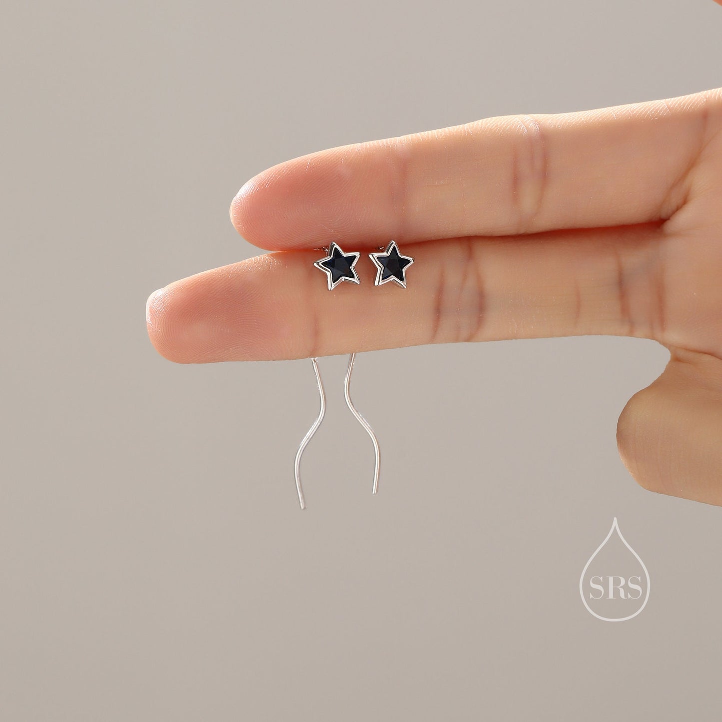 Black Star Bezel CZ Crystal Threader Earrings in Sterling Silver, Silver or Gold, Minimalist Star Cut Ear Threaders