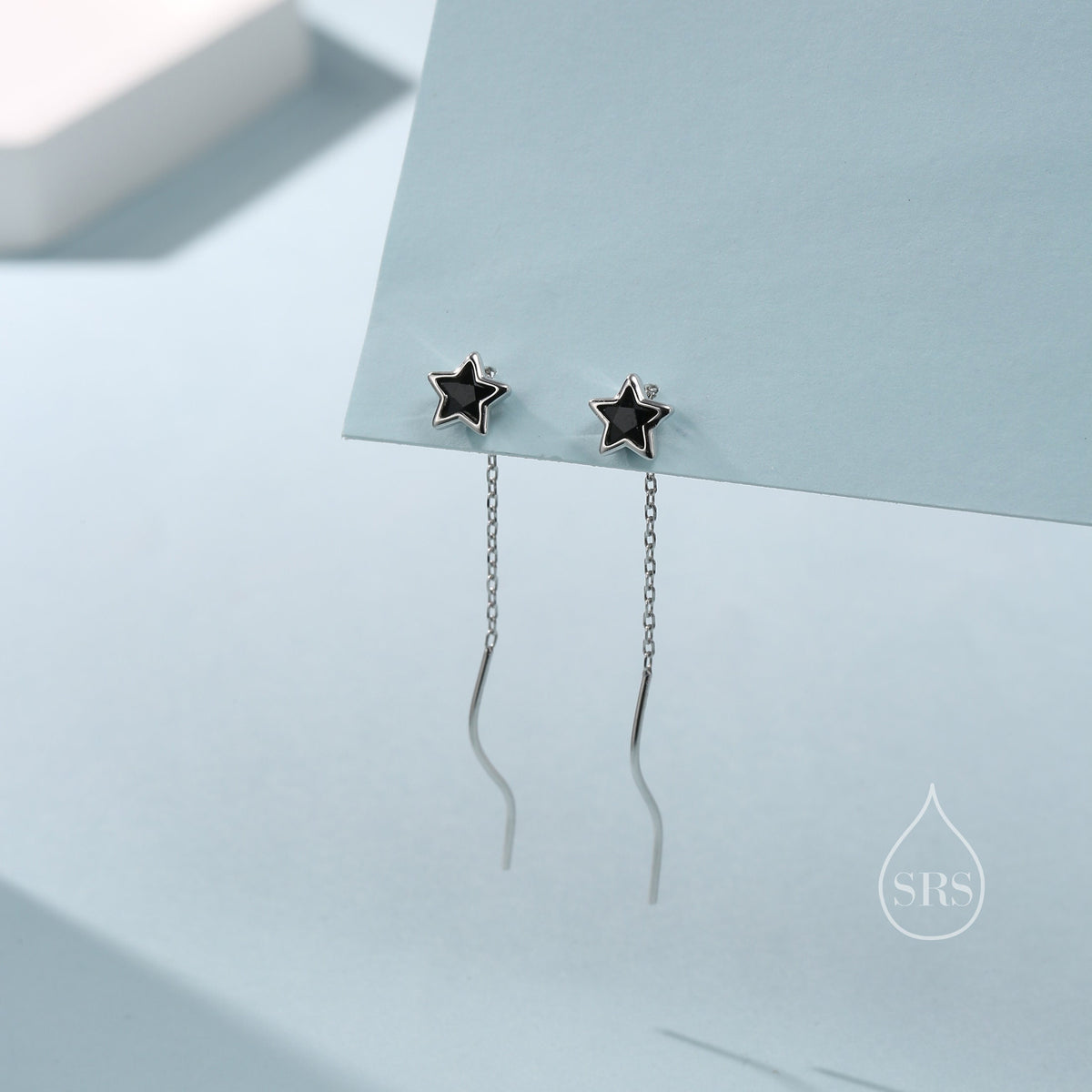 Black Star Bezel CZ Crystal Threader Earrings in Sterling Silver, Silver or Gold, Minimalist Star Cut Ear Threaders