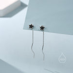 Black Star Bezel CZ Crystal Threader Earrings in Sterling Silver, Silver or Gold, Minimalist Star Cut Ear Threaders