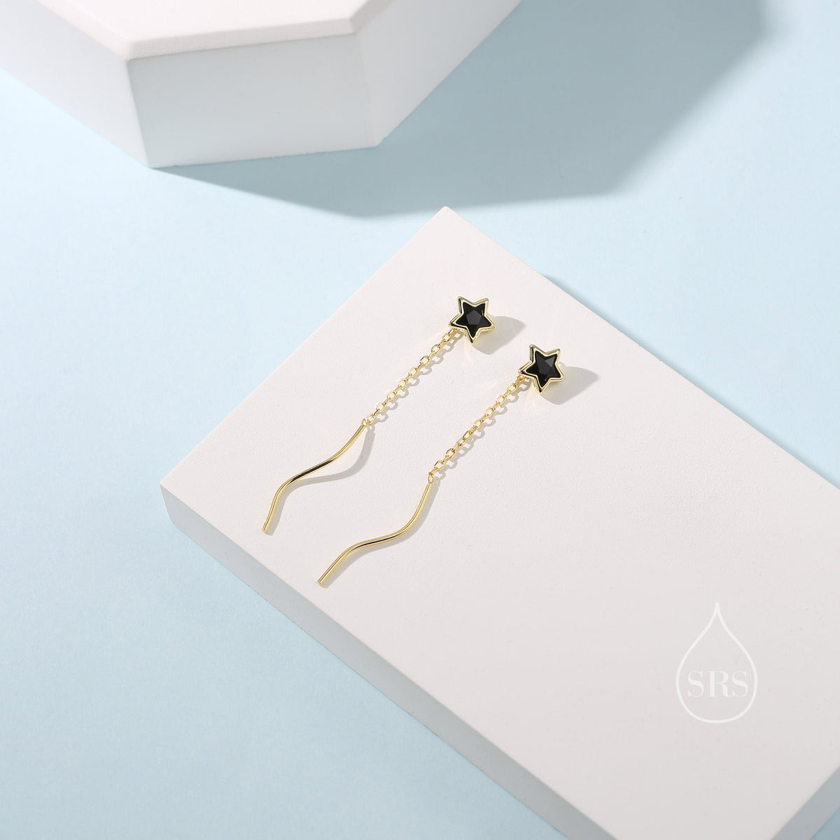 Black Star Bezel CZ Crystal Threader Earrings in Sterling Silver, Silver or Gold, Minimalist Star Cut Ear Threaders