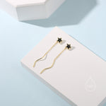 Black Star Bezel CZ Crystal Threader Earrings in Sterling Silver, Silver or Gold, Minimalist Star Cut Ear Threaders