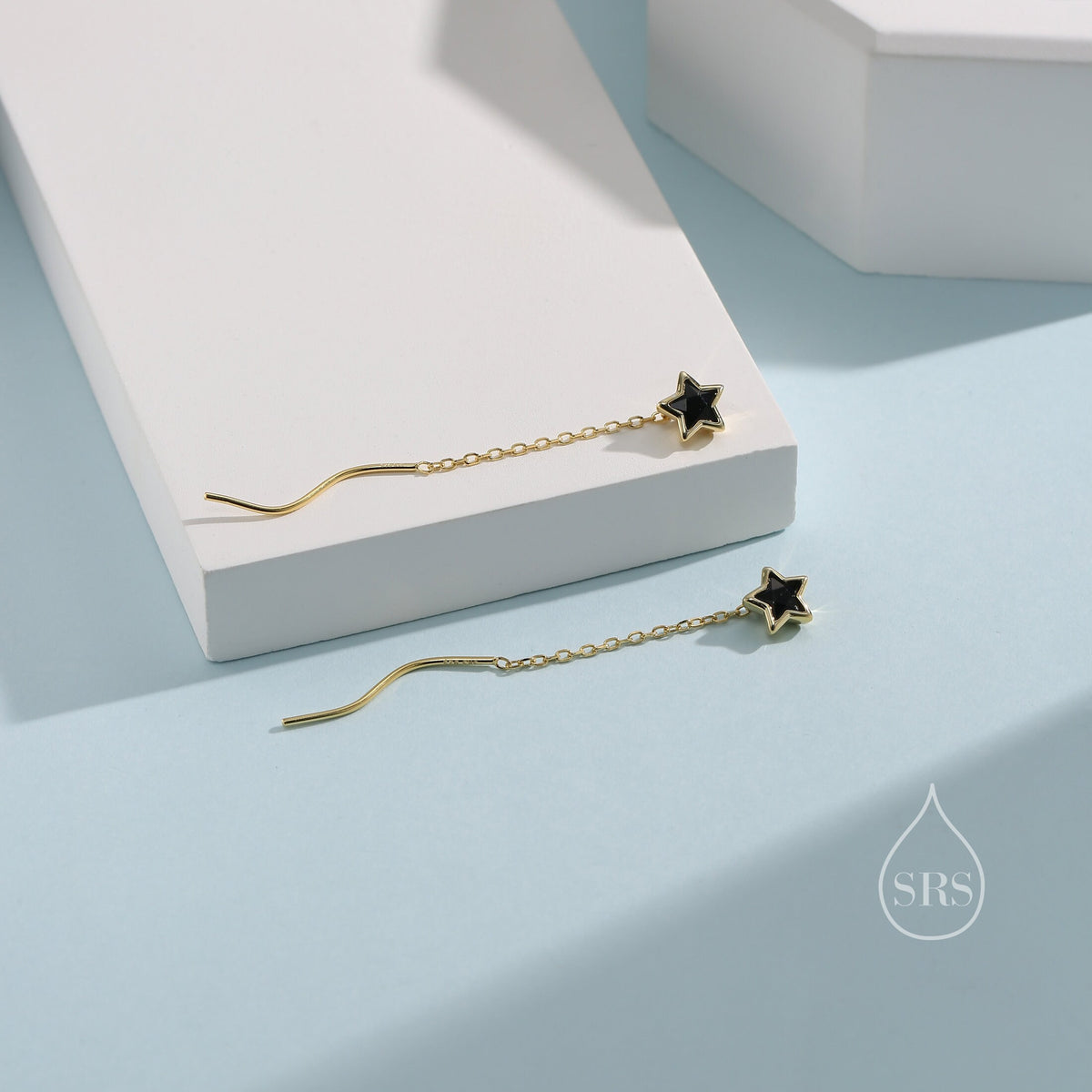 Black Star Bezel CZ Crystal Threader Earrings in Sterling Silver, Silver or Gold, Minimalist Star Cut Ear Threaders