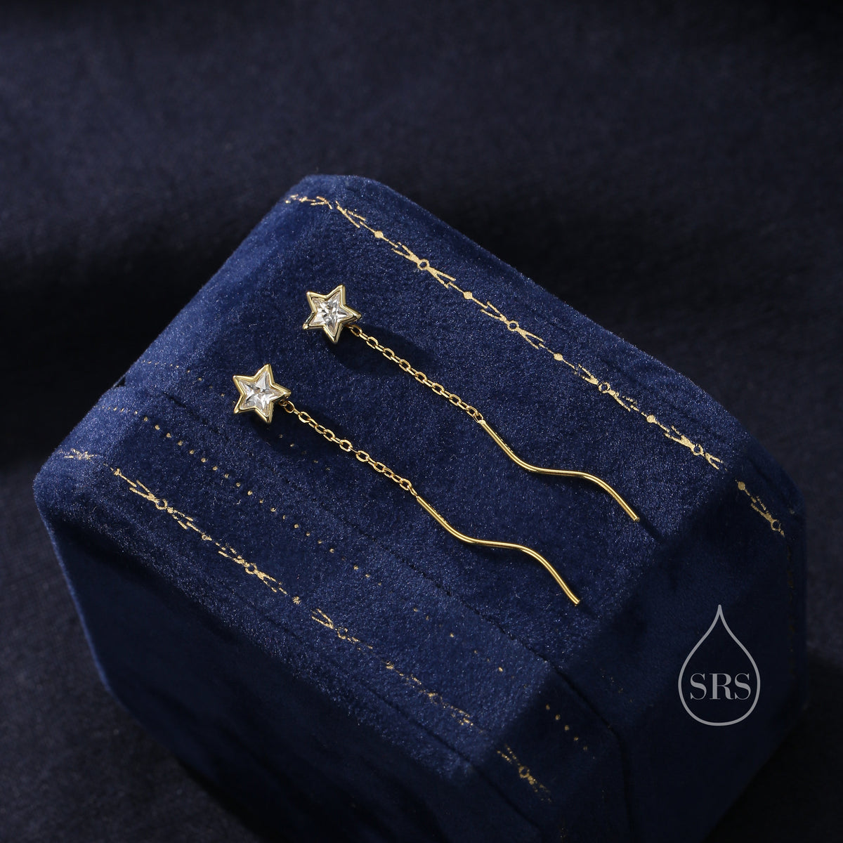 Star Bezel CZ Crystal Threader Earrings in Sterling Silver, Silver or Gold, Minimalist Star Cut Ear Threaders