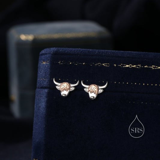Two Tone Highland Cow Stud Earrings in Sterling Silver, Bull Earrings, Cow Earrings