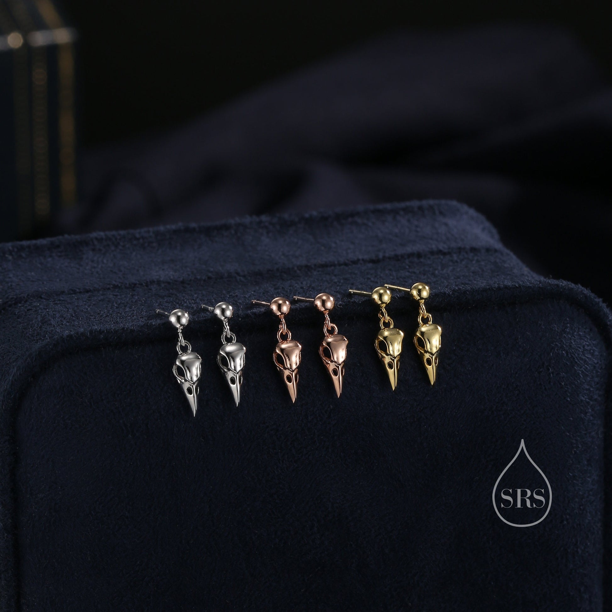 Sterling Silver Tiny Bird Skull Drop Stud Earrings Earrings, Silver or Gold or Rose Gold, Bird Skeleton Earrings in Sterling Silver