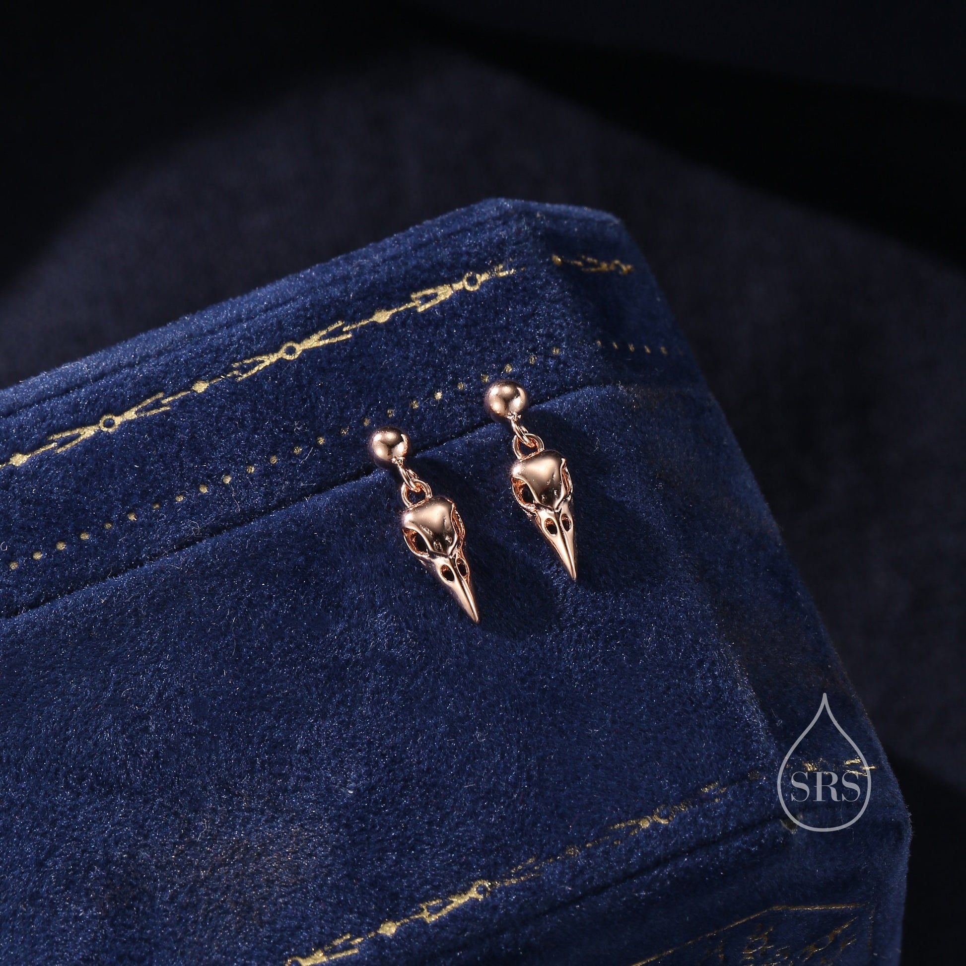 Sterling Silver Tiny Bird Skull Drop Stud Earrings Earrings, Silver or Gold or Rose Gold, Bird Skeleton Earrings in Sterling Silver