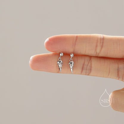 Sterling Silver Tiny Bird Skull Drop Stud Earrings Earrings, Silver or Gold or Rose Gold, Bird Skeleton Earrings in Sterling Silver