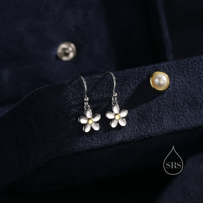 Forget-me-not Flower Drop Hook Earrings in Sterling Silver, Partial Gold, Flower hoop Earrings, Forget-me-not Floral Earrings