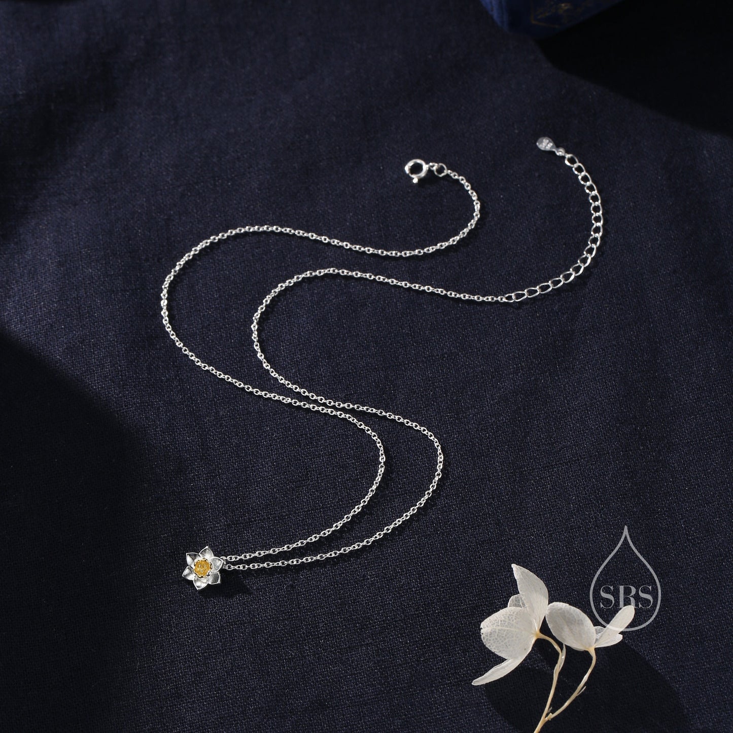 Sterling Silver Tiny Little Daffodil Flower Blossom Pendant Necklace with 18ct Gold Plating