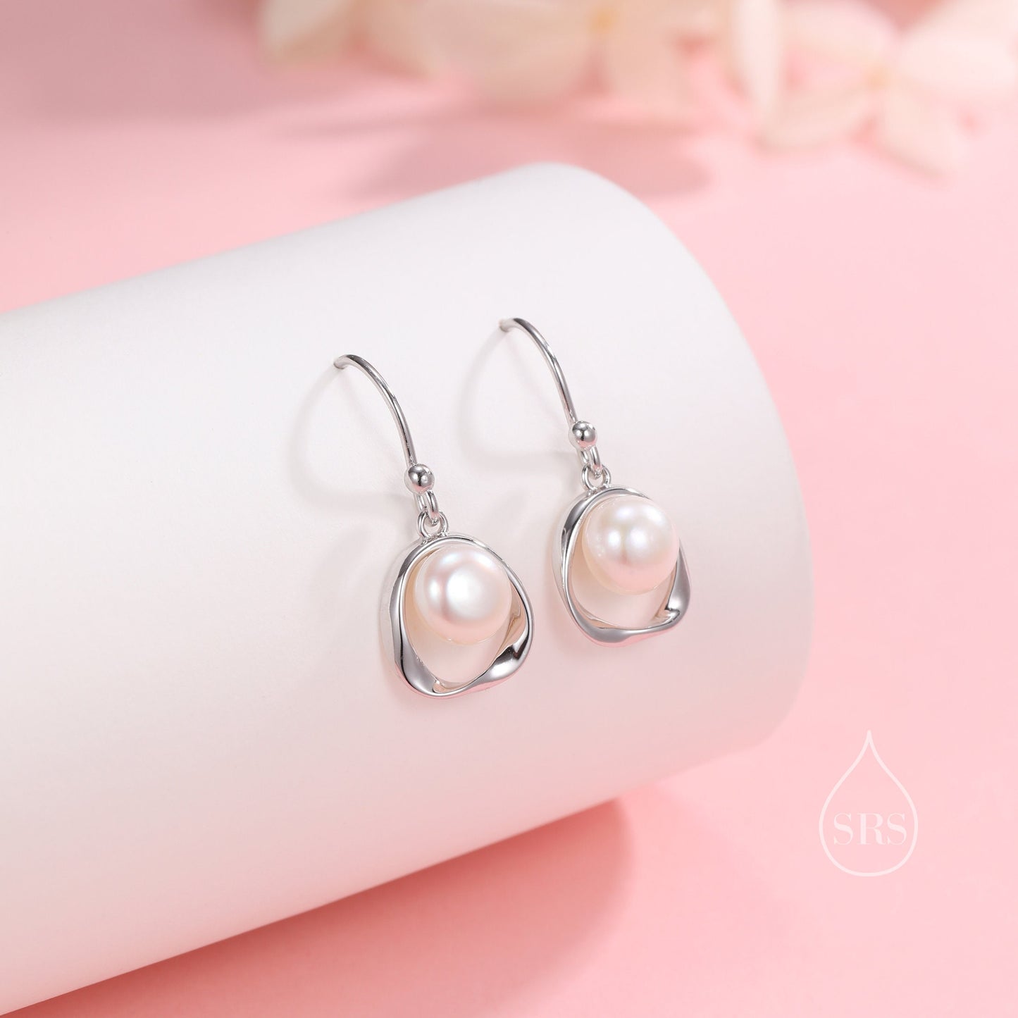 Genuine Freshwater Pearl and Mobius Circle Drop Hook Earrings in Sterling Silver, Delicate Keshi Pearl Halo Earrings, Genuine Pearls