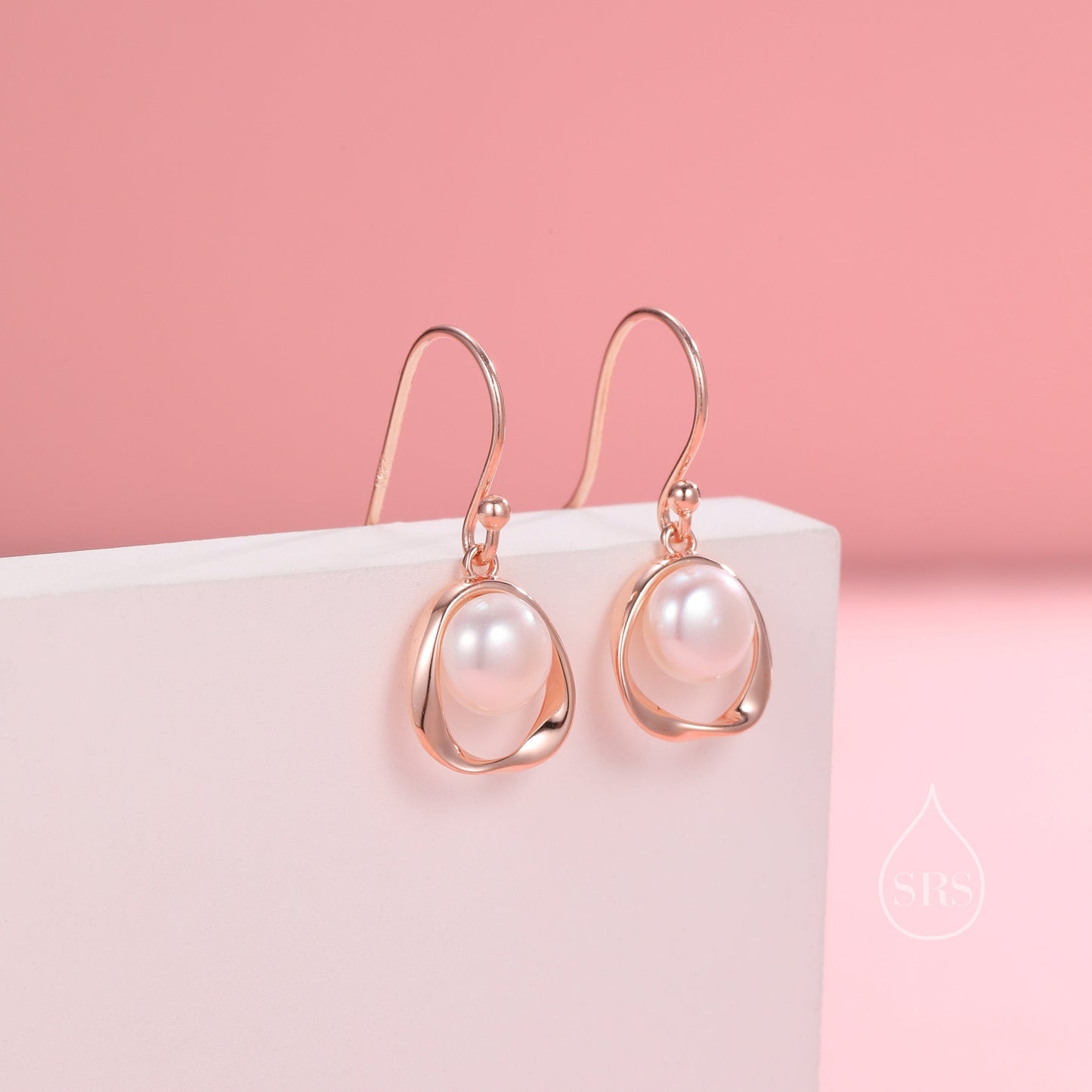 Genuine Freshwater Pearl and Mobius Circle Drop Hook Earrings in Sterling Silver, Delicate Keshi Pearl Halo Earrings, Genuine Pearls