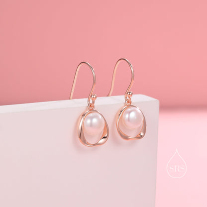 Genuine Freshwater Pearl and Mobius Circle Drop Hook Earrings in Sterling Silver, Delicate Keshi Pearl Halo Earrings, Genuine Pearls