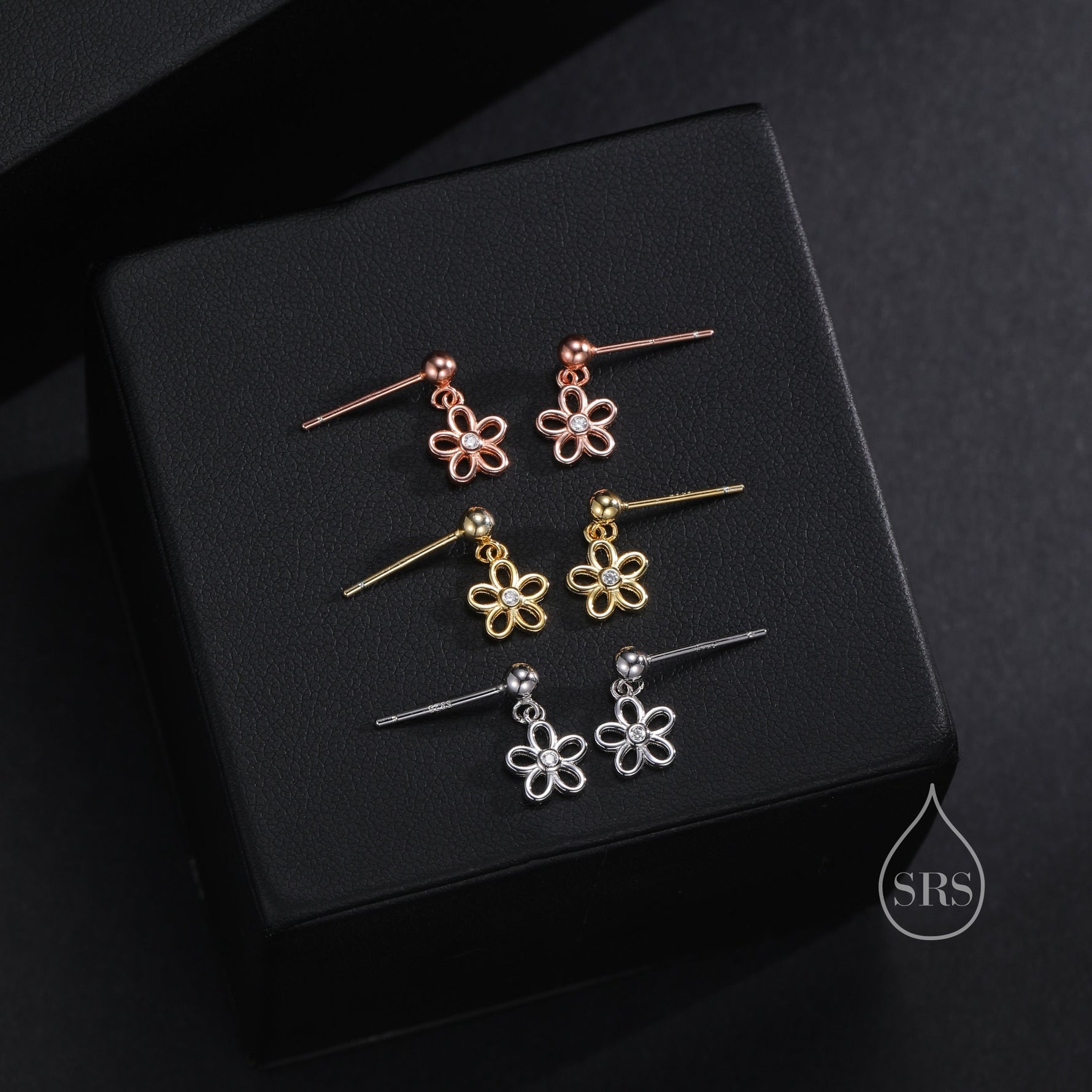 Forget me not Flower Drop Stud Earrings in Sterling Silver, Silver, Gold or Rose Gold, Dainty and Delicate Silver Flower Earrings,