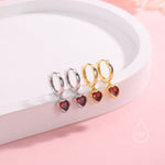 Garnet Red CZ Heart Huggie Hoop in Sterling Silver, Silver or Gold Garnet Red Hoops, 8mm Inner Diameter, Stacking Earrings,