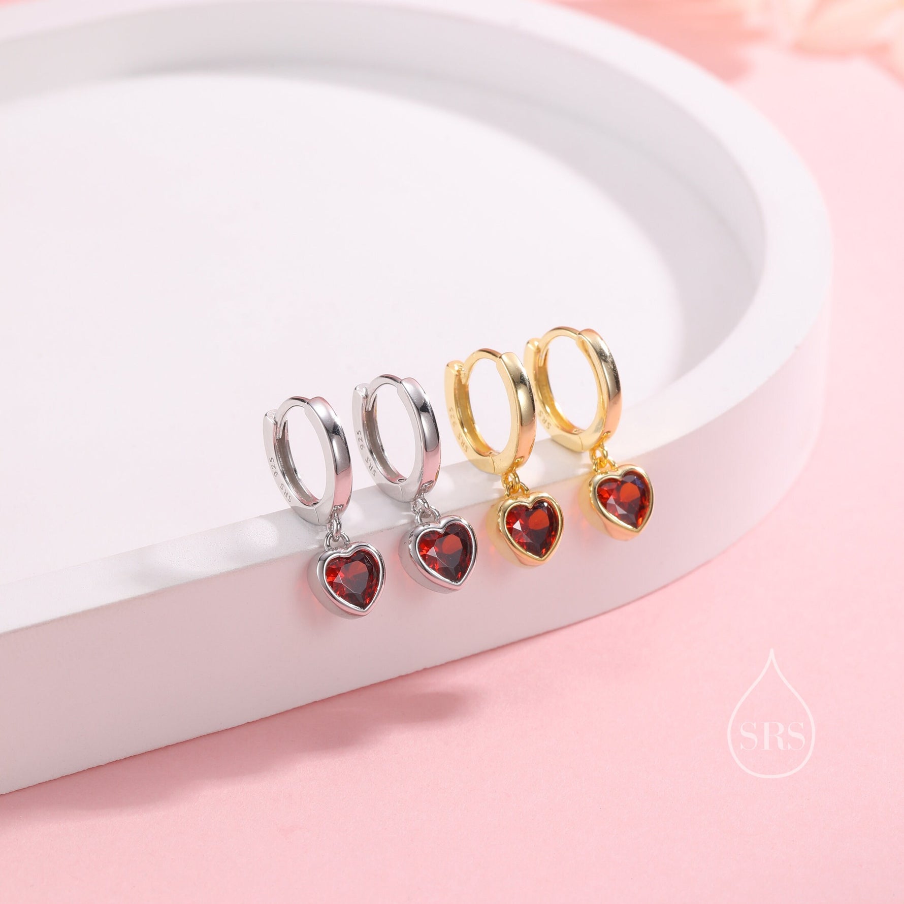 Garnet Red CZ Heart Huggie Hoop in Sterling Silver, Silver or Gold Garnet Red Hoops, 8mm Inner Diameter, Stacking Earrings,