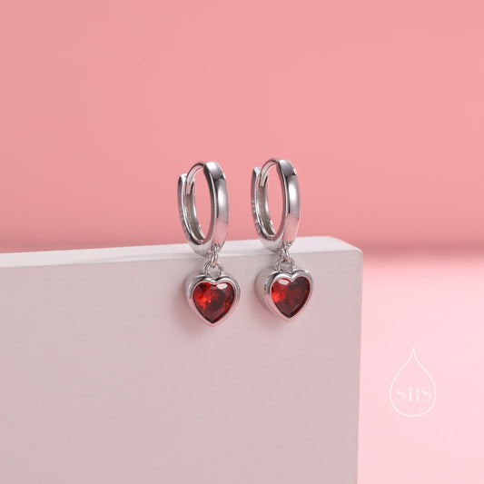 Garnet Red CZ Heart Huggie Hoop in Sterling Silver, Silver or Gold Garnet Red Hoops, 8mm Inner Diameter, Stacking Earrings