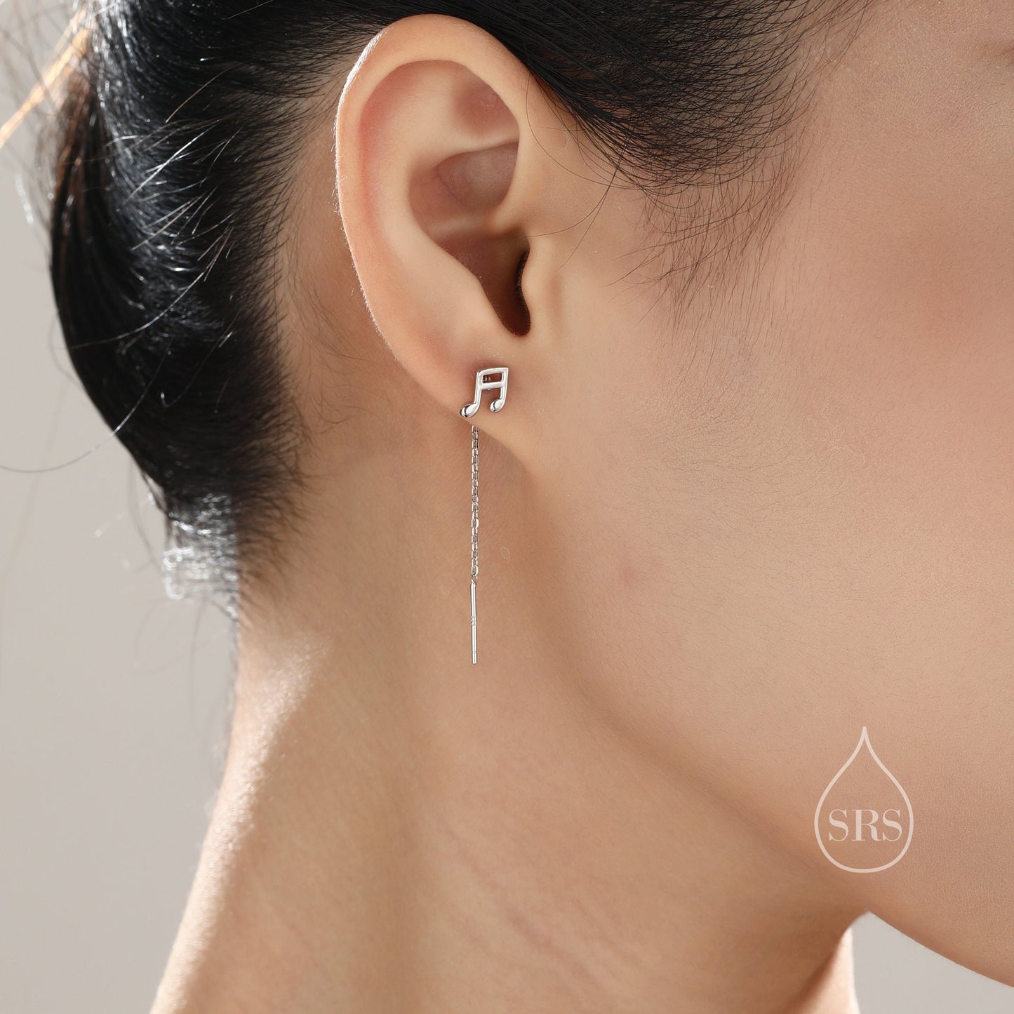 Mismatched Pair of Music Symbol Pull Through Threader Earrings in Sterling Silver, Silver, Gold or Rose Gold, Tiny Music Note Ear Threaders