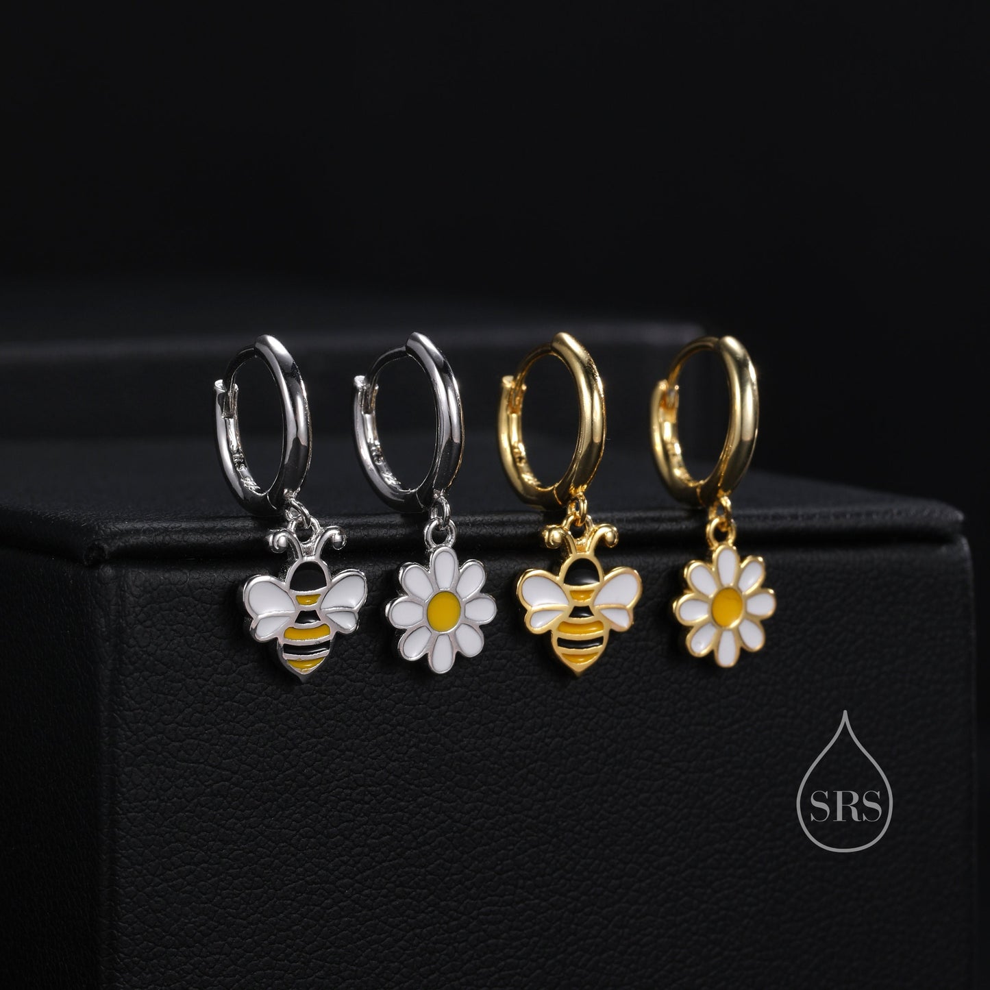 Mismatched Bumble Bee and Daisy Huggie Hoops in Sterling Silver, Silver or Gold, Asymmetric Cute Bee Hoop Earrings,