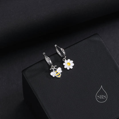 Mismatched Bumble Bee and Daisy Huggie Hoops in Sterling Silver, Silver or Gold, Asymmetric Cute Bee Hoop Earrings,