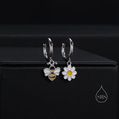 Mismatched Bumble Bee and Daisy Huggie Hoops in Sterling Silver, Silver or Gold, Asymmetric Cute Bee Hoop Earrings,