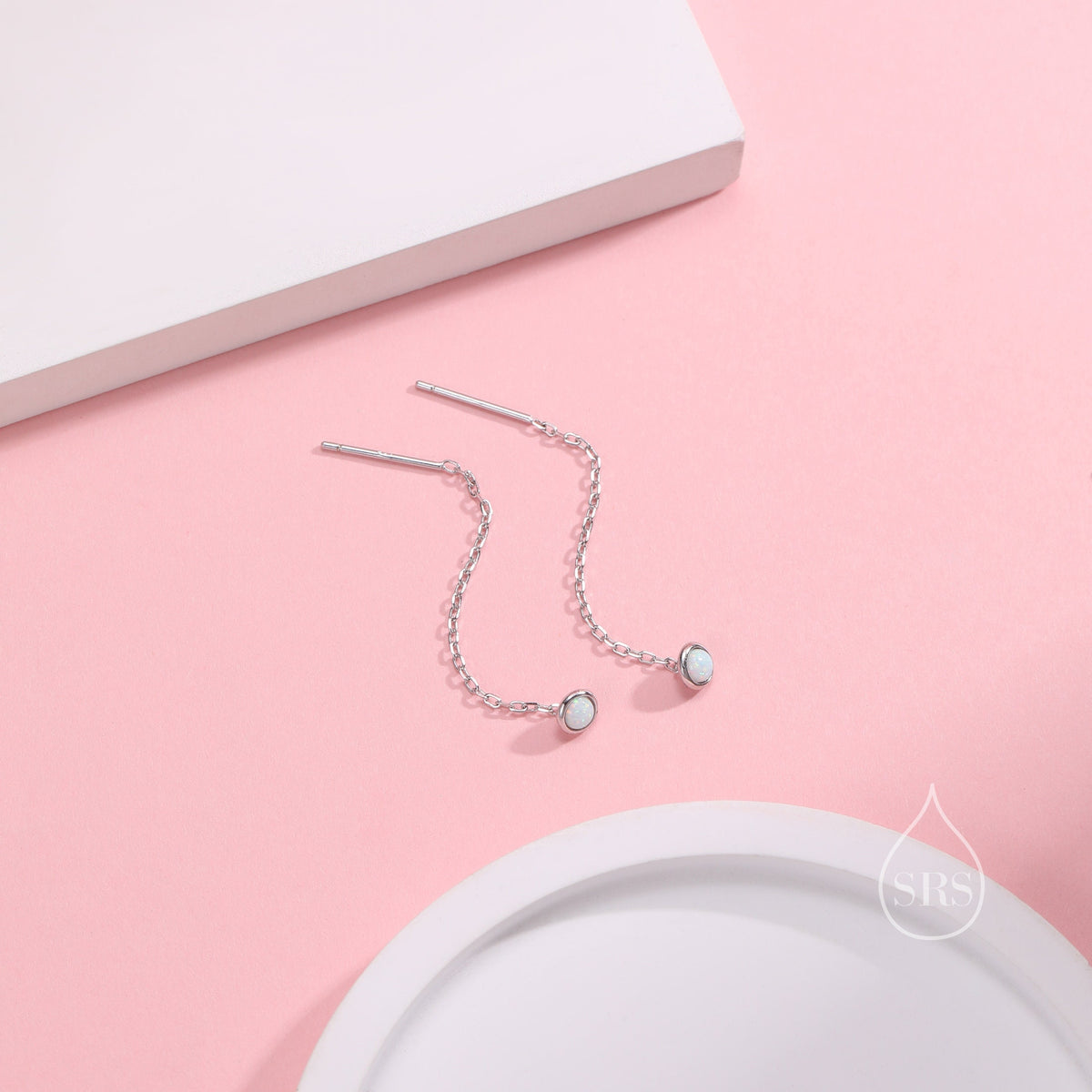 Fire Opal Dot Threader Earrings in Sterling Silver, Lab Opal Ear Threaders, Silver or Gold, Opal Threaders, Chain Earrings
