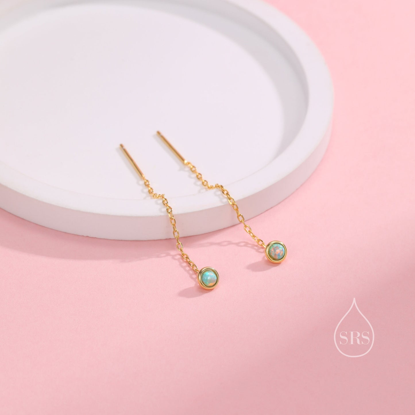 4mm Aqua Green Opal Dot Threader Earrings in Sterling Silver, Lab Opal Ear Threaders, Silver or Gold, Opal Threaders, Chain Earrings