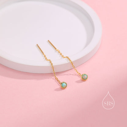 4mm Aqua Green Opal Dot Threader Earrings in Sterling Silver, Lab Opal Ear Threaders, Silver or Gold, Opal Threaders, Chain Earrings