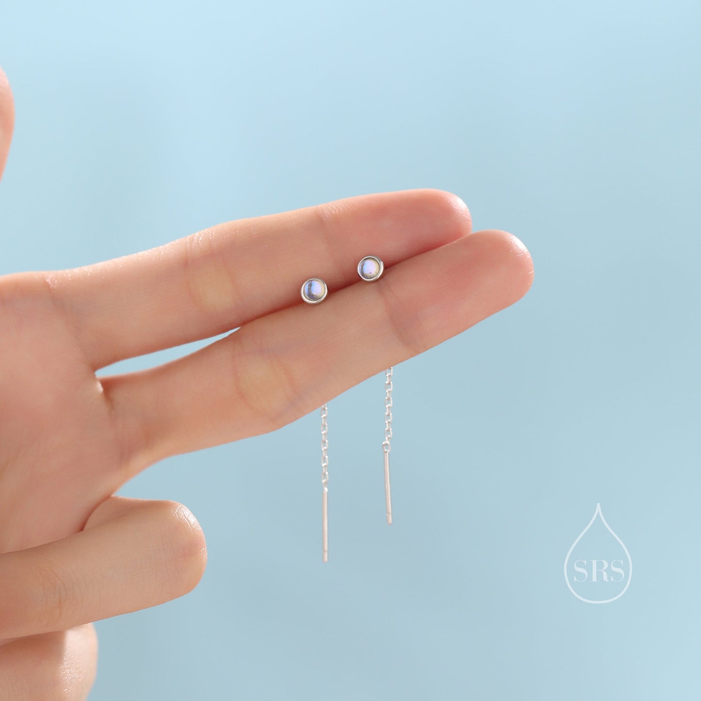 4mm Simulated Moonstone Dot Threader Earrings in Sterling Silver, Lab Moonstone Pull Through Ear Threaders, Silver or Gold, Chain Earrings