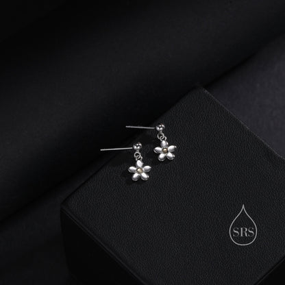 Sterling Silver Forget-me-not Flower Drop Stud Earrings, Partial Gold Plate, Dainty Dangle Forget Me Not Flower Earrings