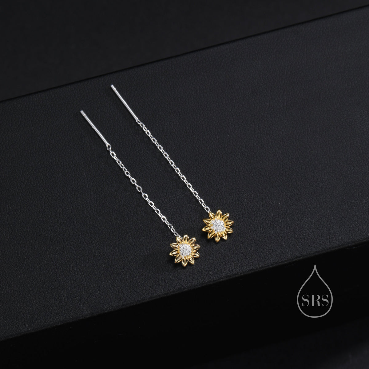 Sunflower Threader Earrings in Sterling Silver, Sunflower with Dangle Chain Earrings, SunFlower Pull Through Chain Earrings