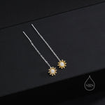 Sunflower Threader Earrings in Sterling Silver, Sunflower with Dangle Chain Earrings, SunFlower Pull Through Chain Earrings