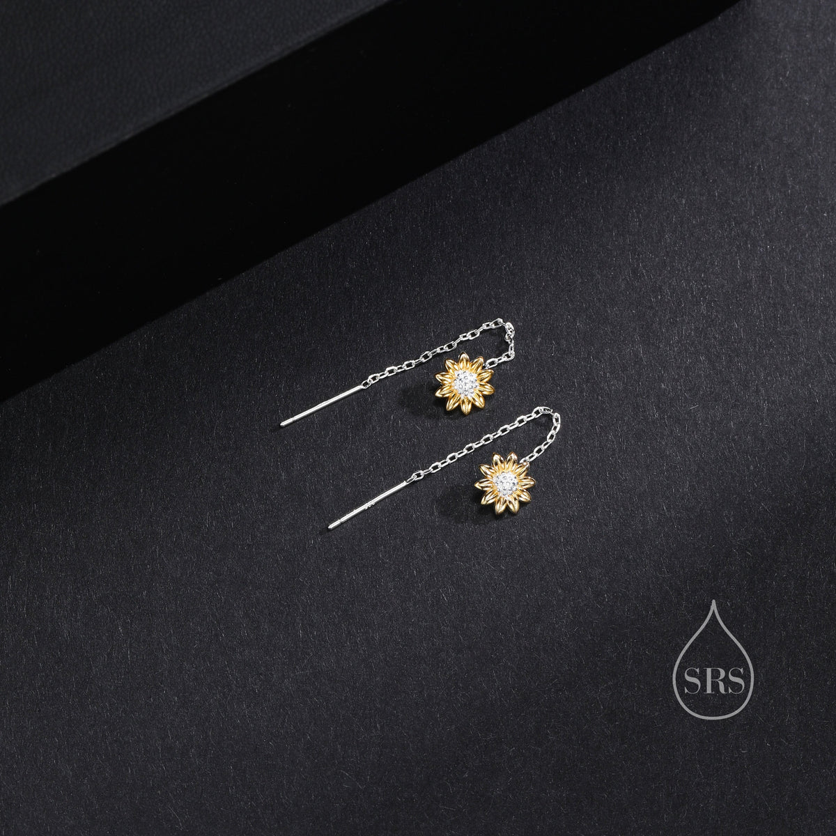 Sunflower Threader Earrings in Sterling Silver, Sunflower with Dangle Chain Earrings, SunFlower Pull Through Chain Earrings