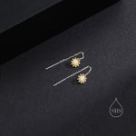 Sunflower Threader Earrings in Sterling Silver, Sunflower with Dangle Chain Earrings, SunFlower Pull Through Chain Earrings