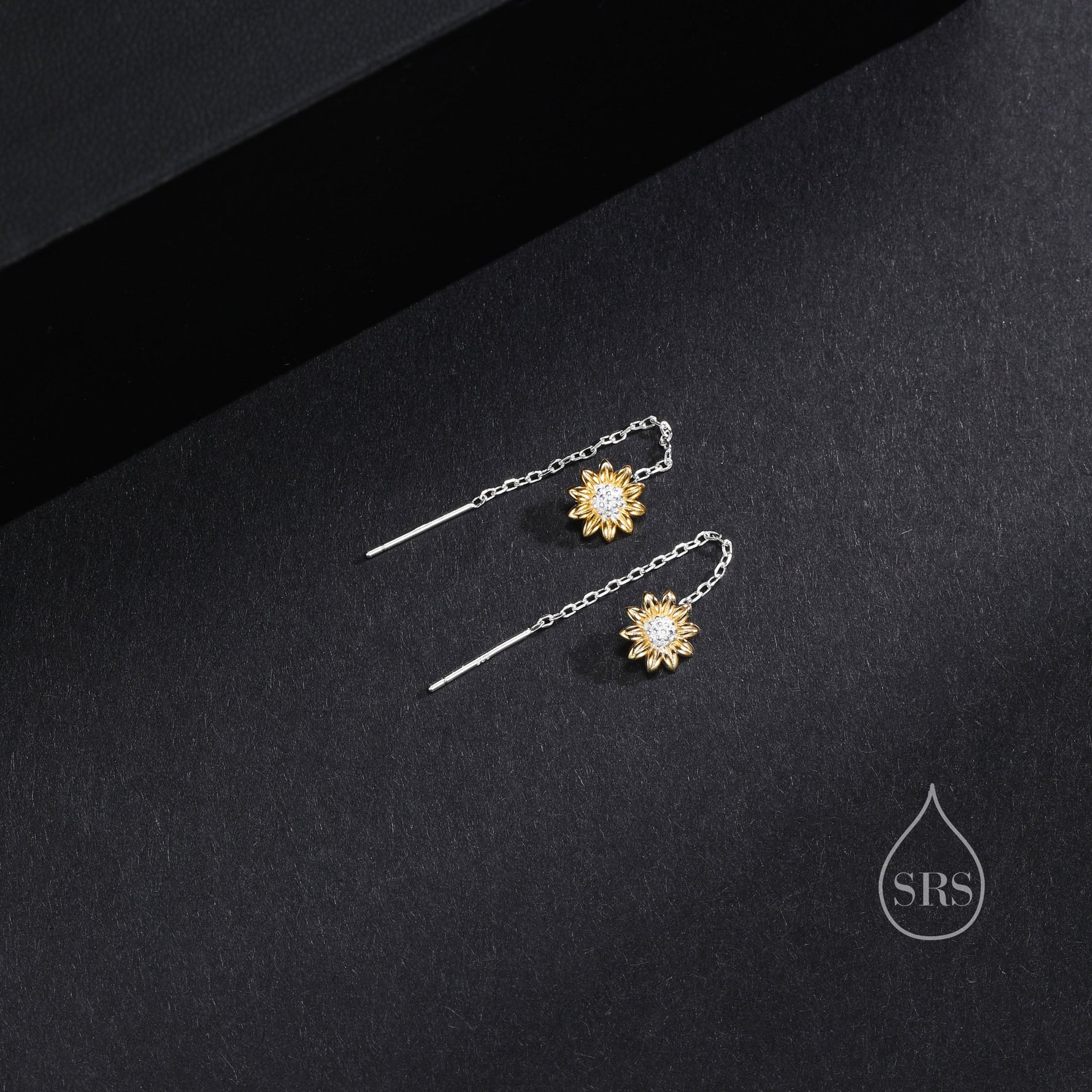 Sunflower Threader Earrings in Sterling Silver, Sunflower with Dangle Chain Earrings, SunFlower Pull Through Chain Earrings