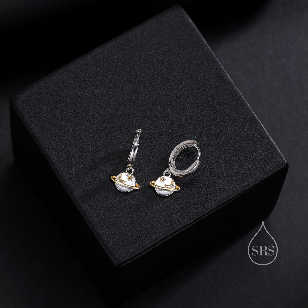 Planet and Gold Star Huggie Hoop Earrings in Sterling Silver, Saturn Dangle Hoop Earrings