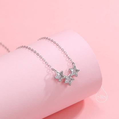 Clear CZ Triple Star Pendant Necklace in Sterling Silver, Silver or Gold, Three Star Crystal Necklace, Minimal Star Pendant