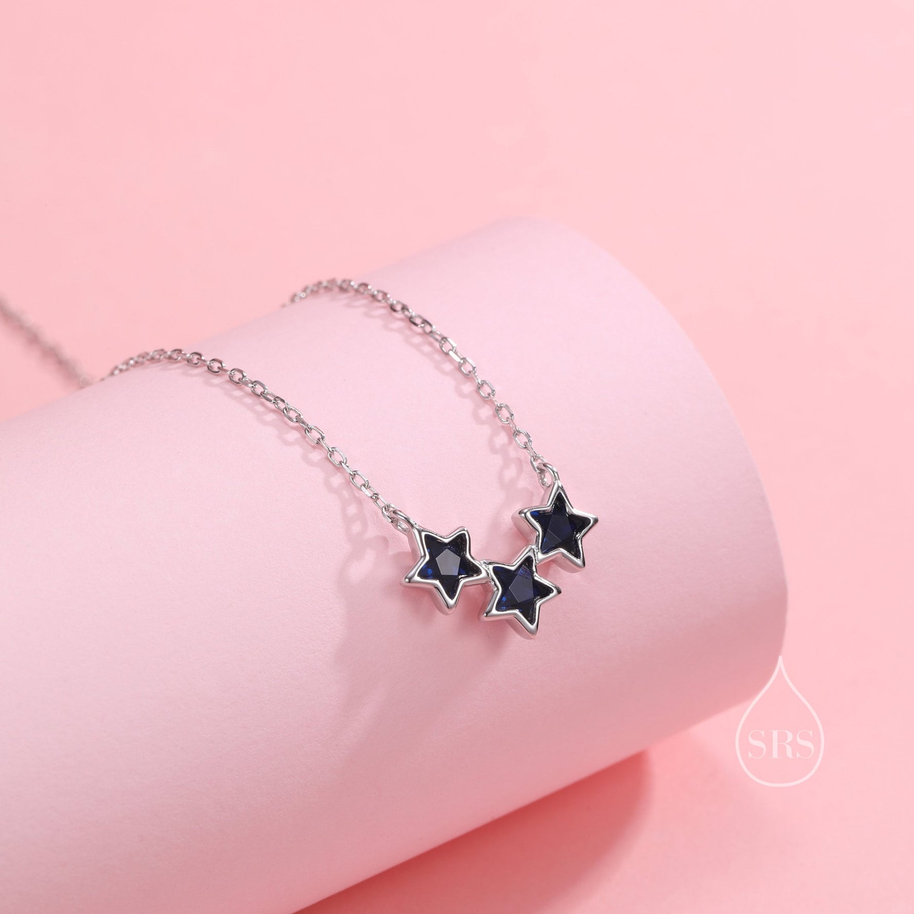 Sapphire Blue CZ Triple Star Pendant Necklace in Sterling Silver, Silver or Gold, Three Star Crystal Necklace, Minimal Star Pendant